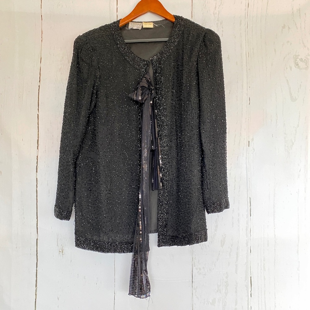 STENAY Vintage Black LOng Sleeve Silk Beaded Sequin Evening Bolero Jacket Small
